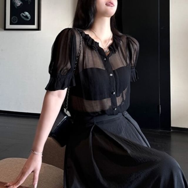 Sheer Plain Ruffled-Collar Short-Sleeved Blouse