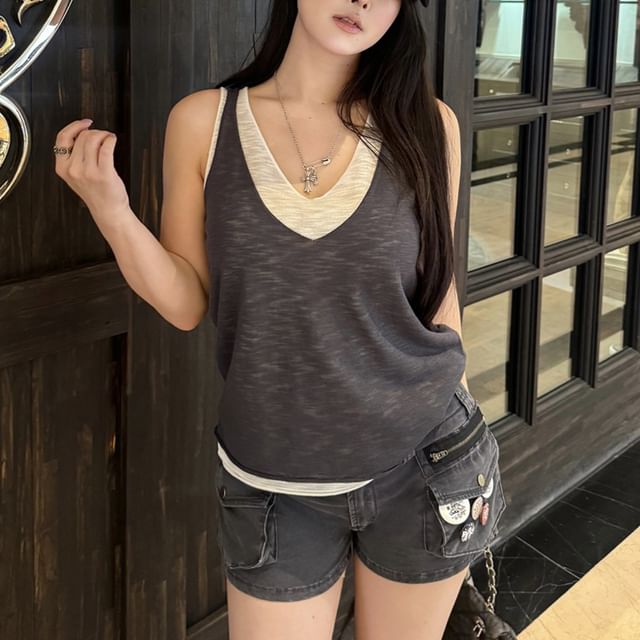Plain V-Neck Sleeveless Mock Two-Piece Tank Top