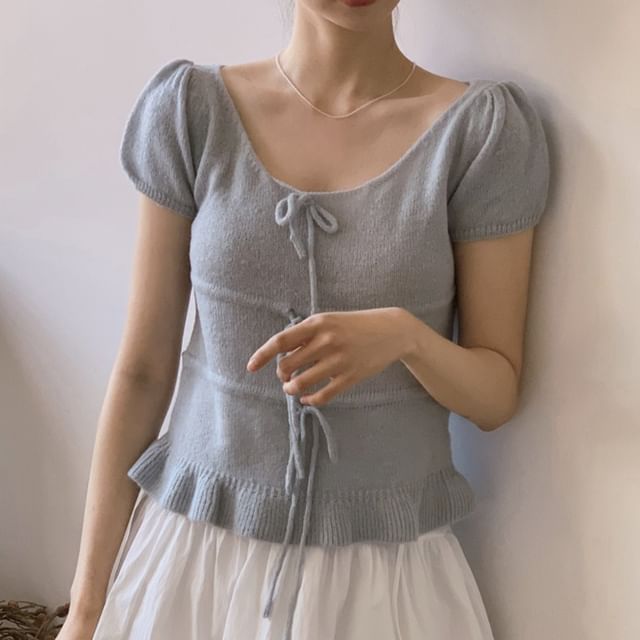 Plain Ruffled-Hem Knit Scoopneck Puff-Sleeved Top