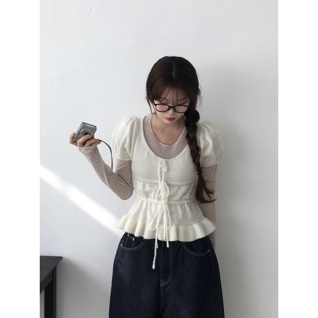 Plain Ruffled-Hem Knit Scoopneck Puff-Sleeved Top