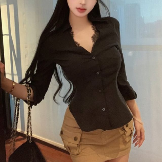 Plain Long-Sleeved Mock Two-Piece Cropped Shirt