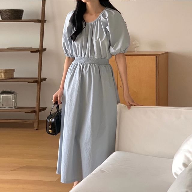Maxi A-Line Dress with Puff Sleeves and Round Neck - NoBrand
