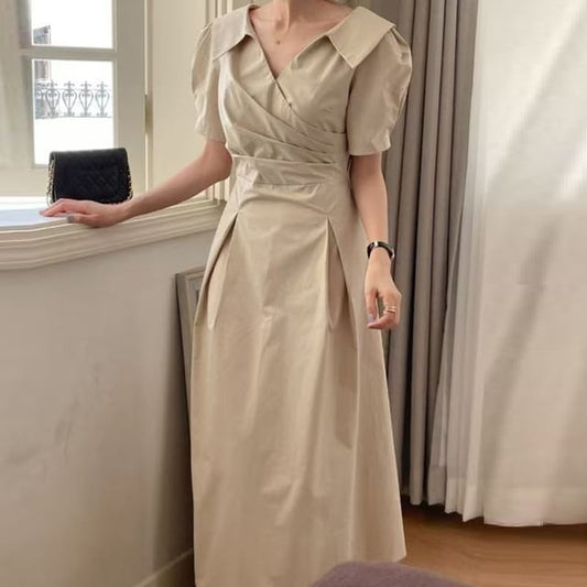 Ruched Wrap Maxi Dress with Short Sleeves and Collar - NoBrand
