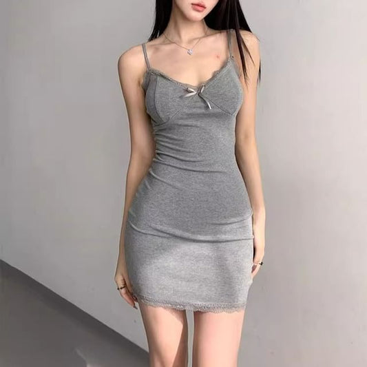 Mini V-Neck Strap Lace Dress Spaghetti Plain Trim Bodycon