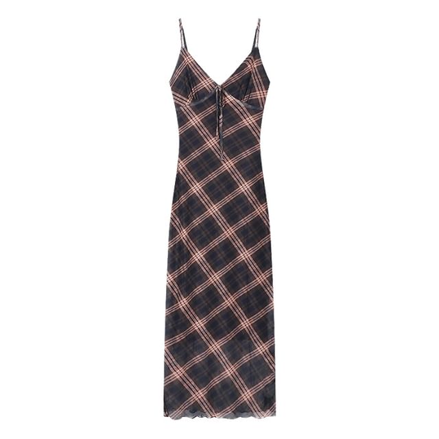 Print Maxi Plaid Dress Sleeveless V-Neck