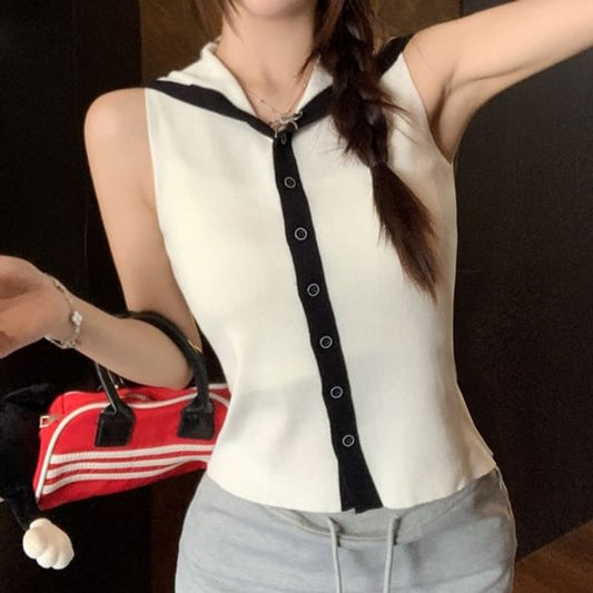 Knit Sleeveless Top Sailor Collar Button-Up