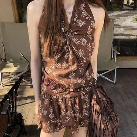 Top Mini Skirt / Sleeveless Print V-Neck