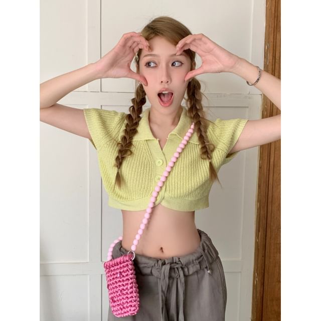 Plain Collared Crop Knit Top Short-Sleeve