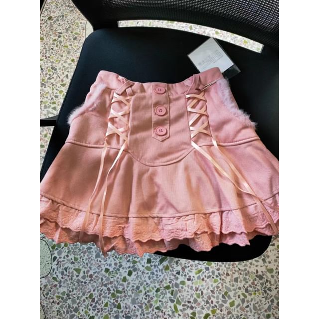 Mini Knit Trim Lace High Tiered Skirt Waist