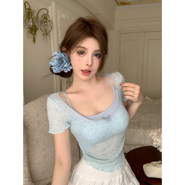 + Square Top Camisole Short-Sleeve Set: Neck