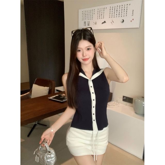 Knit Sleeveless Top Sailor Collar Button-Up