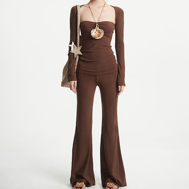 Plain Shirred Tube Top & Bootcut Pants with Shrug
