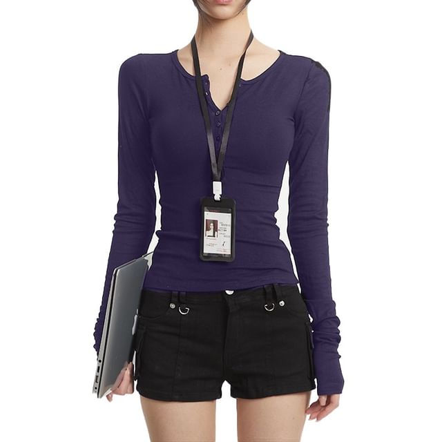 Plain Long-Sleeved Henley Tee