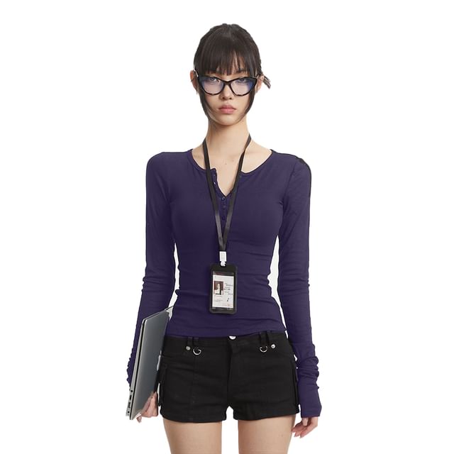 Plain Long-Sleeved Henley Tee