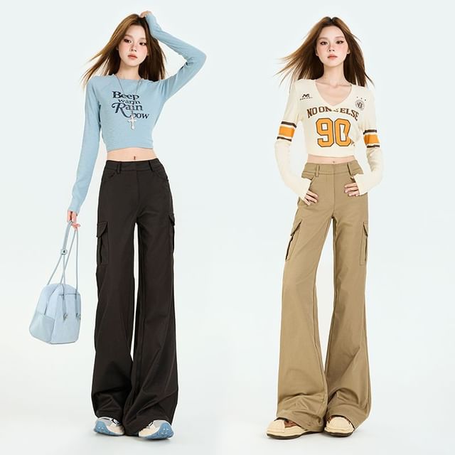Mid Rise Plain Flared Cargo Pants (Various Designs)
