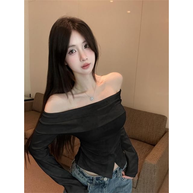 Tie-Dye Ruched Buttoned Off-Shoulder Slit Long-Sleeved Crop Top