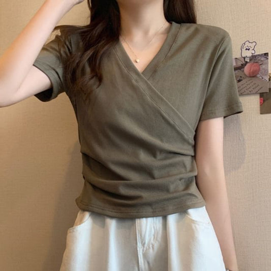 Plain Sleeveless V-Neck Wrap-Style Gathered Tee