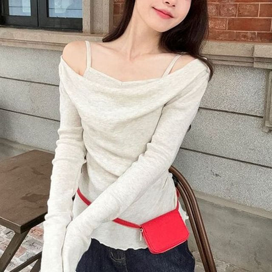 Plain Cold-Shoulder Long-Sleeved Mock Two-Piece Tee