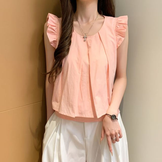 Plain Layered Cap-Sleeved Round-Neck Cropped Blouse