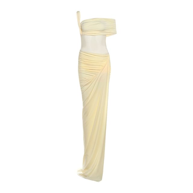 Set: Plain Ruched One-Shoulder Short-Sleeved Bodysuit + Asymmetric Mid-Waist Pencil Skirt
