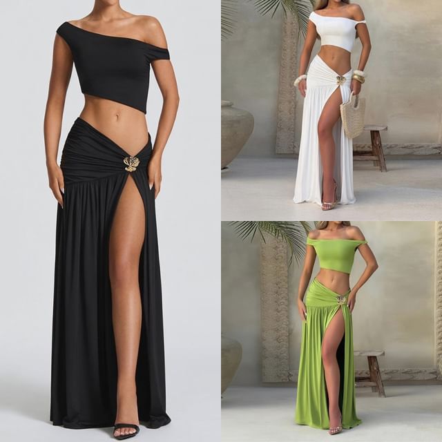 Set: Plain Off-Shoulder Sleeveless Crop Top + Ruched Slit Low-Waist Maxi A-Line Skirt