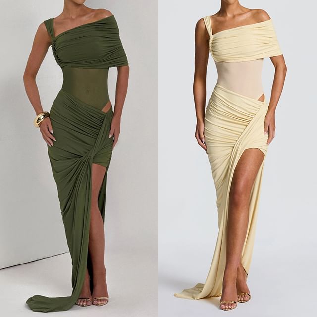 Set: Plain Ruched One-Shoulder Short-Sleeved Bodysuit + Asymmetric Mid-Waist Pencil Skirt