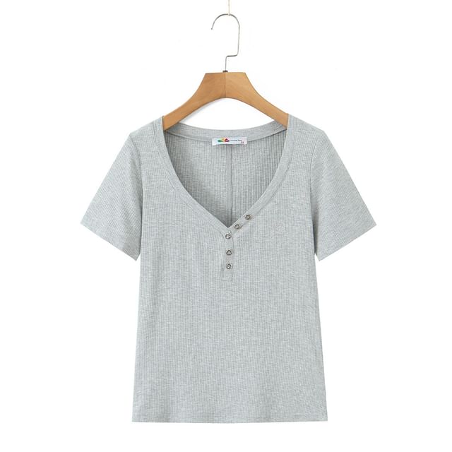 Plain Half-Buttoned Short-Sleeved Top