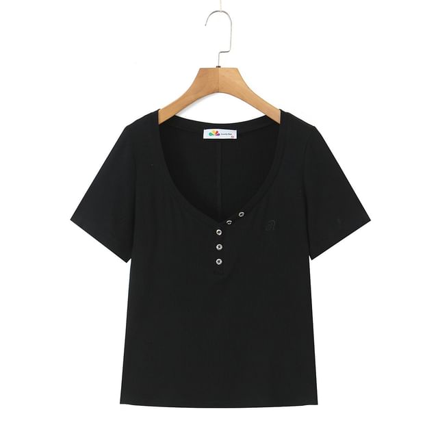 Plain Half-Buttoned Short-Sleeved Top