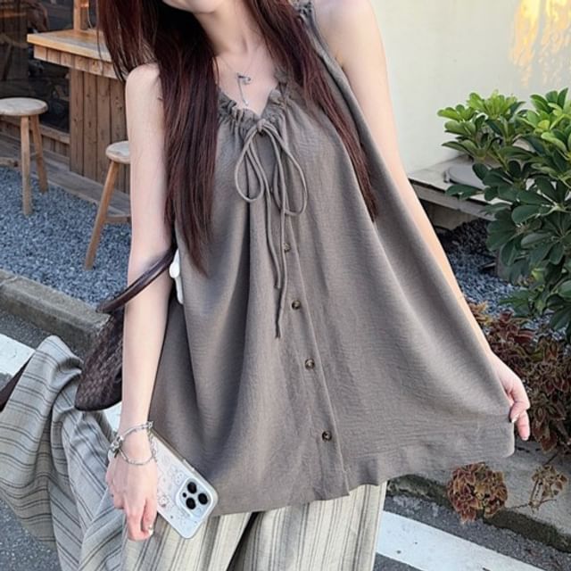 Plain Frill Tie-Front Buttoned V-Neck Sleeveless Top / Striped Wide-Leg Pants