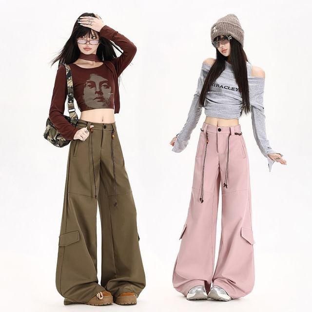 Set: Mid Rise Plain Baggy Cargo Pants + Belt (Various Designs)