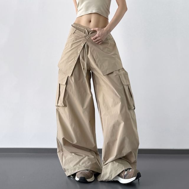 Drawstring Waist Plain Skirt Overlay Baggy Cargo Pants