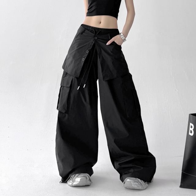 Drawstring Waist Plain Skirt Overlay Baggy Cargo Pants