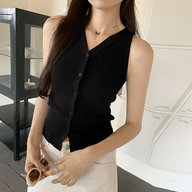 Sleeveless Top Button-Up Plain V-Neck