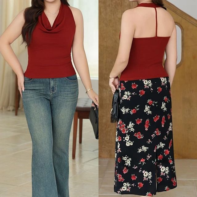 Plain V-Neck Sleeveless Cropped Top