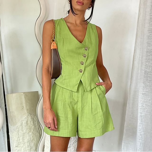 Set: Plain Button-Up V-Neck Sleeveless Top + Plain High-Waisted Wide-Leg Shorts