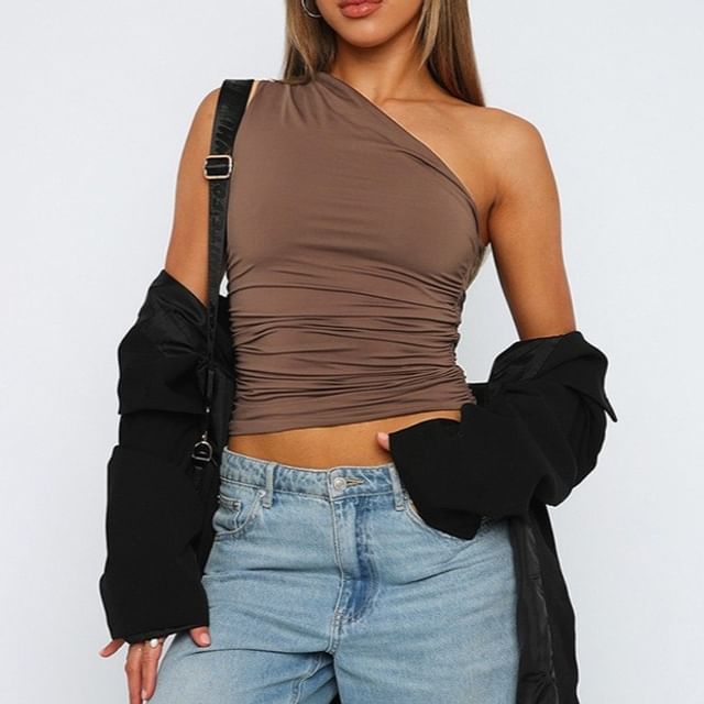 Plain Ruched One-Shoulder Sleeveless Top