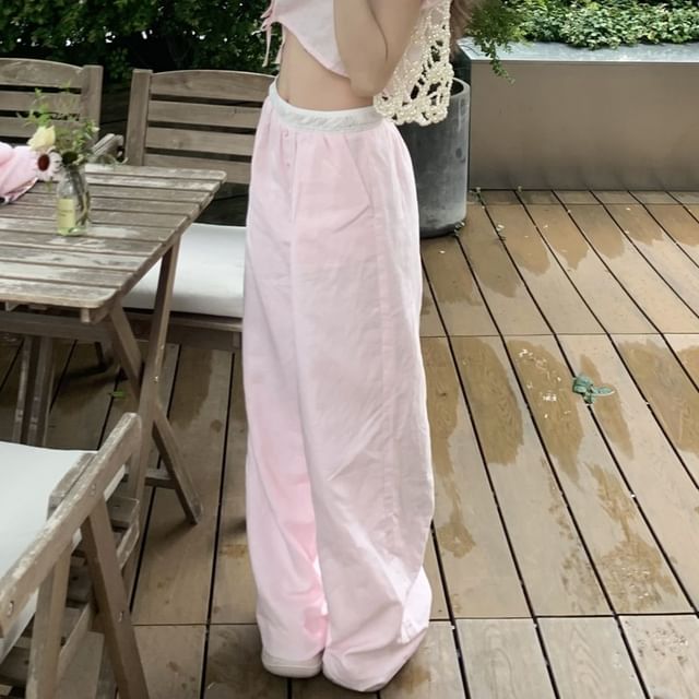 Beaded Contrast-Collar Drawstring Puff-Sleeved Crop Blouse / Lace Paneled High-Rise Wide-Leg Pants