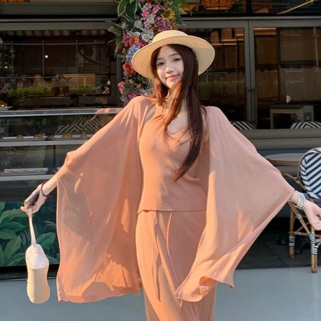 Plain Ribbed Knit Halter Top / Drawstring Maxi A-Line Skirt / Open Cardigan