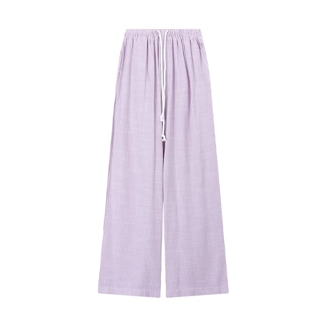 Striped Round-Neck Short-Sleeved Tee / Drawstring-Waist Wide-Leg Pants