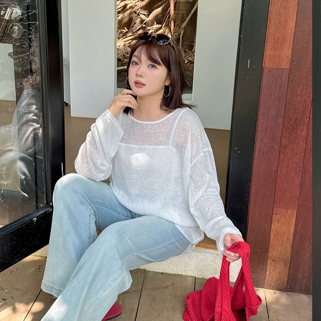Plain Open-Back Round-Neck Long-Sleeved Tee [2XL-4XL]