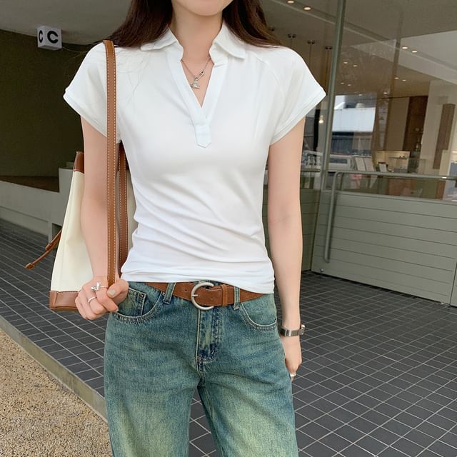 Plain Slim-Fit V-Neck Short-Sleeved Polo Shirt