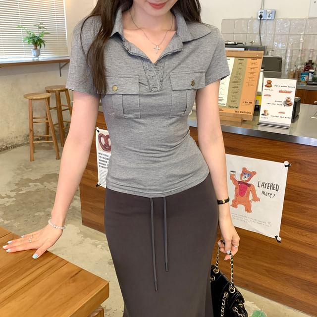 Slim-Fit V-Neck Short-Sleeved Polo Shirt with Pocket