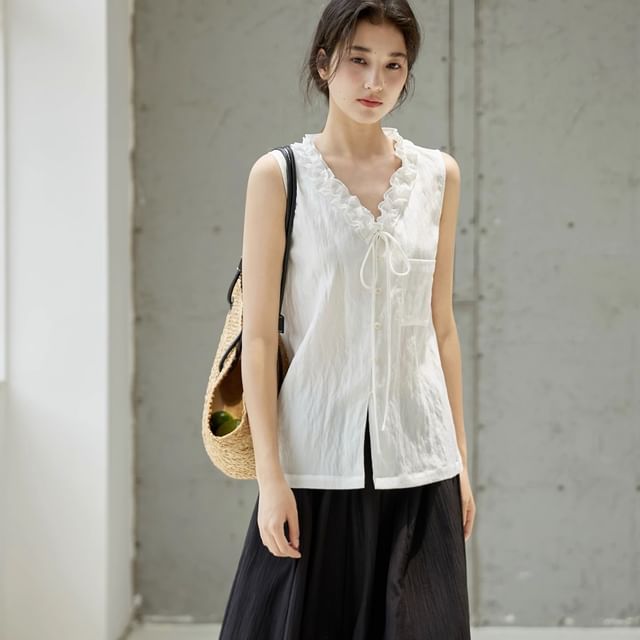 Plain Button-Up Frill-Trim V-Neck Sleeveless Blouse
