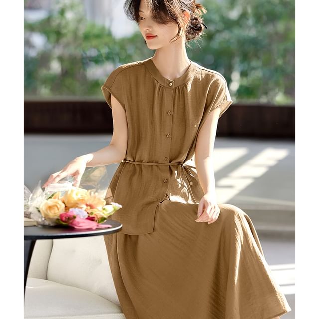 Set: Plain Button-Up Stand-Collar Cap-Sleeved Blouse + High-Waisted Midi A-Line Skirt