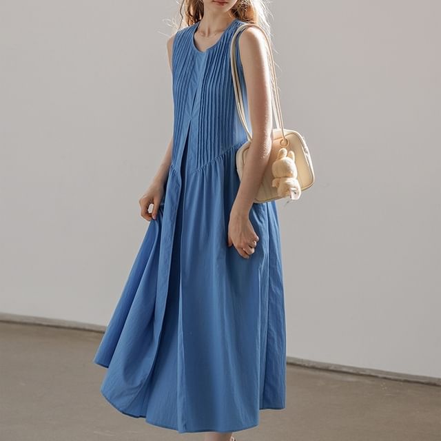 Plain Pintuck Crew-Neck Sleeveless Midi Tunic Dress