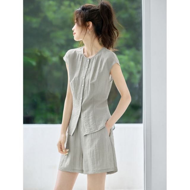 Set: Plain Button-Up Round-Neck Cap-Sleeved Blouse + High-Waisted Wide-Leg Shorts