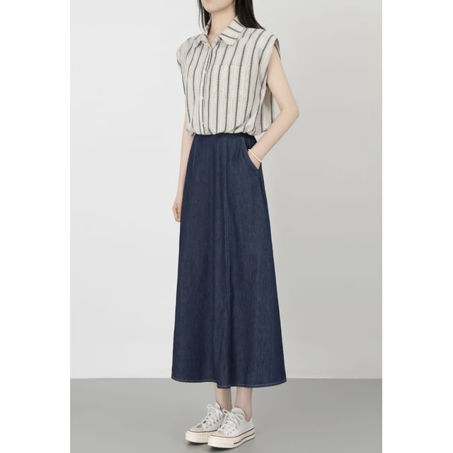 Set: Striped Collared Drawstring Button-Up Cap-Sleeved Crop Blouse + Denim High-Waisted Midi A-Line Skirt