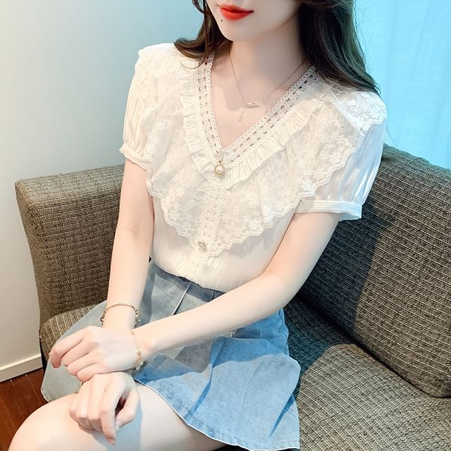 Lace Paneled Ruffled Button-Up V-Neck Short-Sleeved Blouse