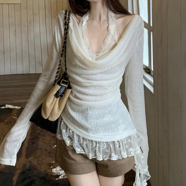 Scoop-Neck Long-Sleeved Top / Halter Top / Shorts / Set