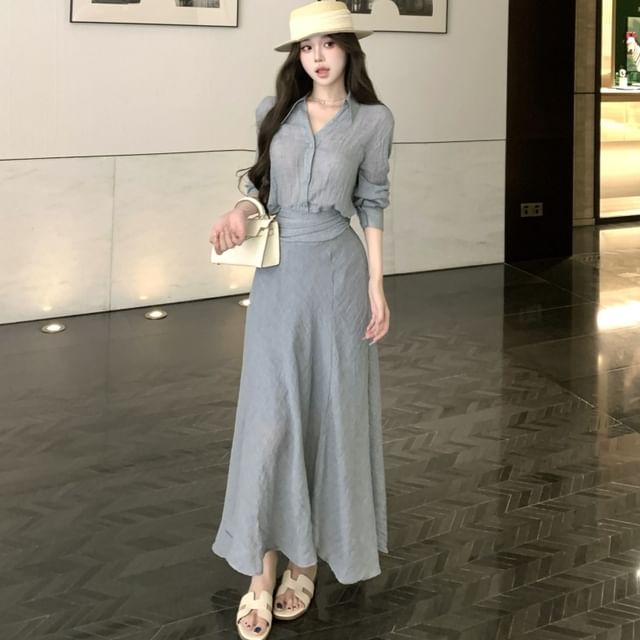 Plain Collared Button-Up V-Neck Long-Sleeved Blouse / High-Waisted A-Line Skirt (Various Designs)